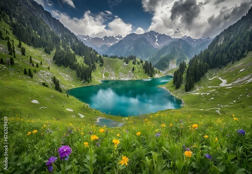 An image of the roaring Ratti Gali Lake surrounded by lush alpine meadows, showcasing the untamed elegance of the Azad Kashmir region.
