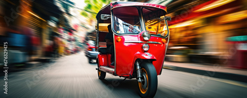 Red taxi in thailand. Tuk tuk wehicle for passangers. photo