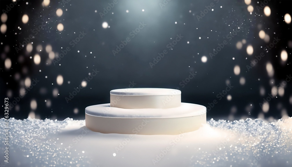 White podium for presenting products during the Christmas season surrounded by snow White podium for presenting products during the Christmas season surrounded by snow