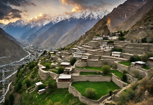 An image portraying the cultural richness of Hunza Valley, with terraced fields, traditional homes, and the iconic Baltit Fort. photo