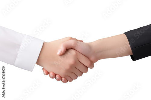 Close up view of two arms of businesswoman shaking hands on cutout PNG transparent background