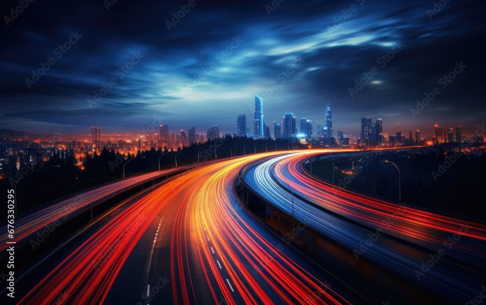 Fototapeta premium Abstract motion speed Traffic, light trails on motorway highway at night,