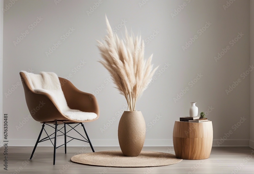 Beige barrel chair stump side table and vase with pampas grass against white wall Minimalist home interior