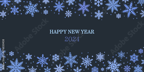 Happy new year 2024 wide wallpaper for cover design, vector snow flake boarder on dark blue background with simple text composition