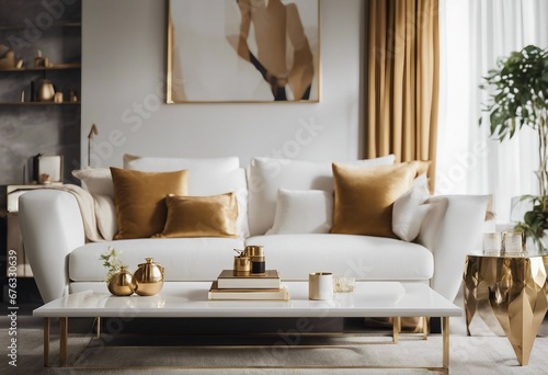 Cozy white sofa and golden coffee table Interior design of modern luxury living room