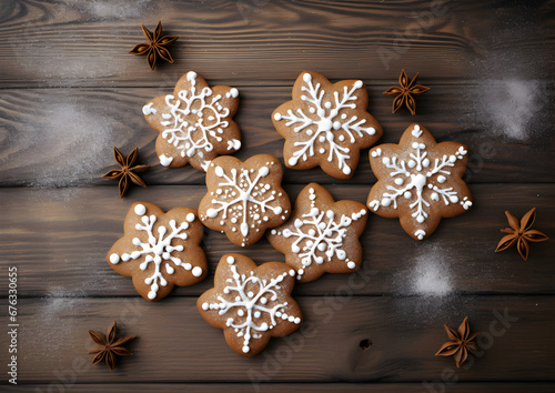 gingerbread cookies on wooden floor with powder background