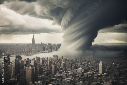 Giant tornado over New York City, Climate change concept photo