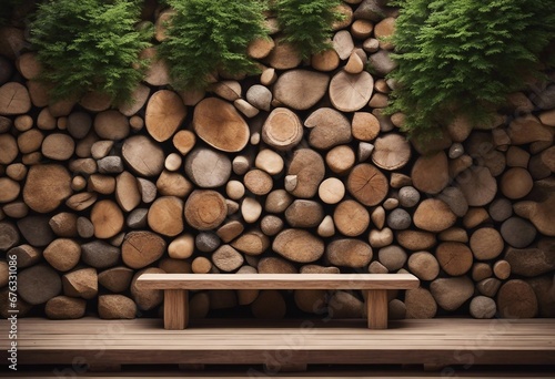 Wild stone cladding wall and wooden bench Decorative tree trunks composition in rustic style interior © ArtisticLens