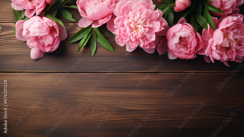 Peony flowers on a wooden surface Peony flowers on a wooden surface