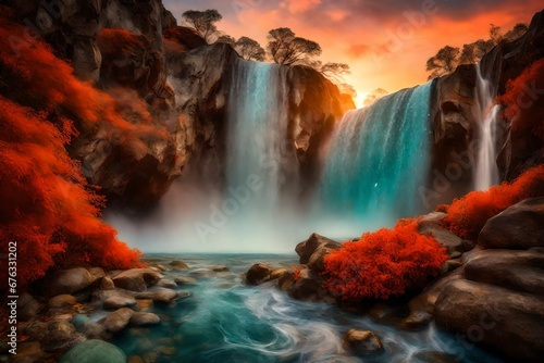 A cascading waterfall of aquamarine and coral against a fiery horizon