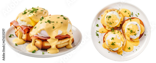 Eggs Benedict with hollandaise sauce isolated on transparent background, food bundle