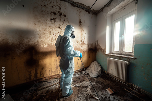 person with full body protection suit investigates mold infestation in apartment photo