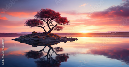 sunset over the lake, tree at sunset 