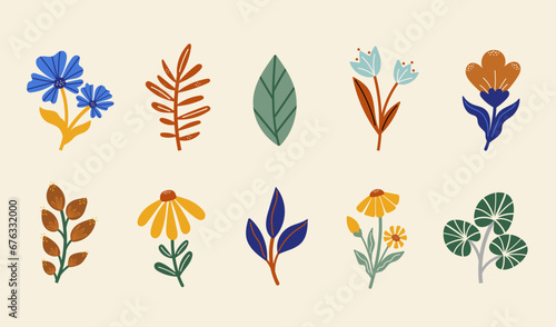 Set of vector silhouettes of bright leaves and original flower. Isolated on a white background. Drawing sketches of leaves. Silhouettes of flower flora. 