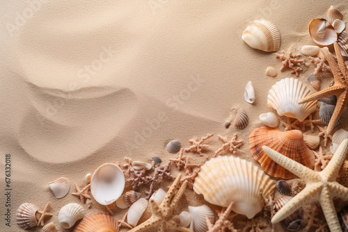 Sea sand diagonal background with starfishes and seashells. Сopy space for text at the top left corner. Sea summer holidays concept. Vacation memories flat lay.