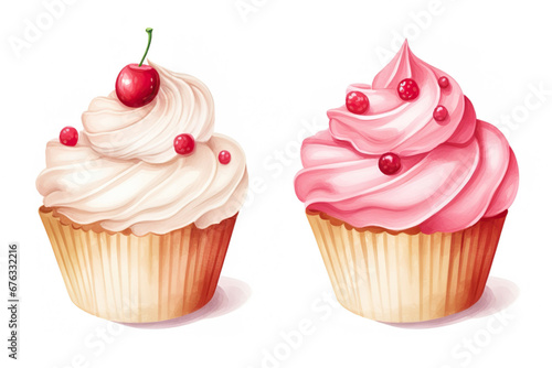 Strawberry and cherry cupcakes on white background. 