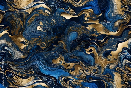 A symphony of liquid indigo and molten gold creating intricate textures in a mind-bending and surreal abstract wallpaper.