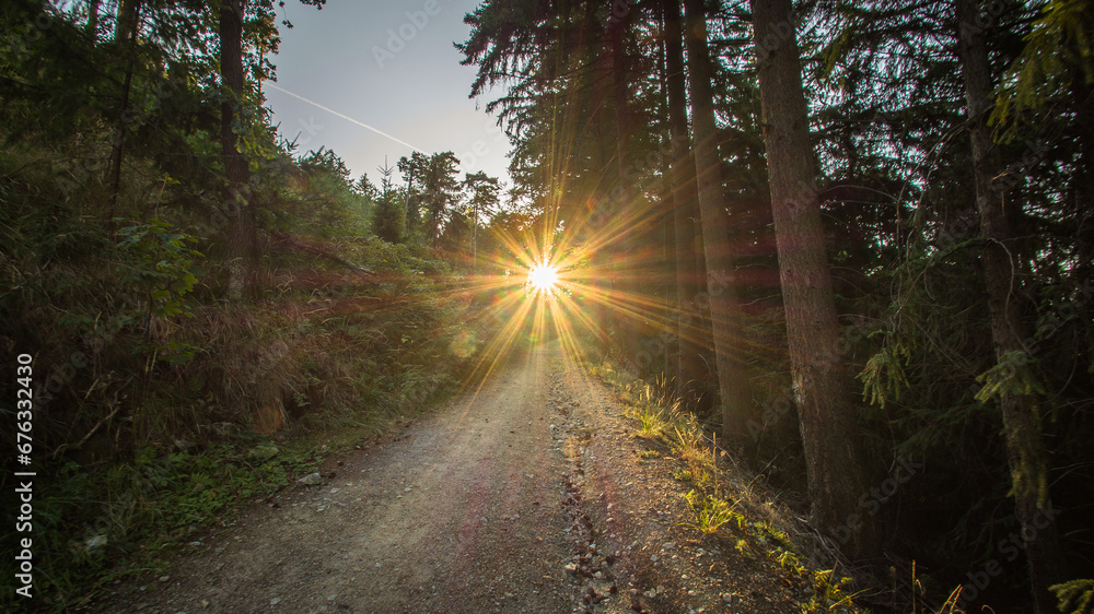 Fototapeta premium sunset on the mountain trail of the Ślęża massif, Lower Silesia