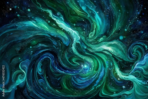 Swirling emerald green and sapphire blue liquids meeting in a cosmic dance. Deep, vibrant, and mesmerizing.