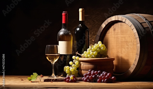 Two bottles of wine with a glass of white wine and a barrel of fresh grapes on a dark background, still life of wine