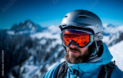 Close-up portrait of an alpine skier wearing a helmet and ski googles, capturing the essence of alpine skiing, winter activities, and sports. © henjon