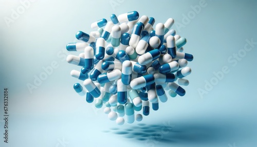Blue and white medical capsules captured mid-air, creating an impression of weightlessness against a soothing light blue background, symbolizing advanced pharmaceutical care and innovation.