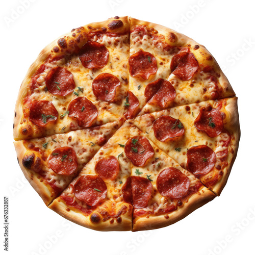 Pepperoni pizza seen from above on transparent background. Isolated png. Generative AI