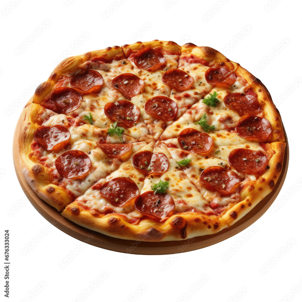 Pepperoni pizza seen from above on transparent background. Isolated png. Generative AI