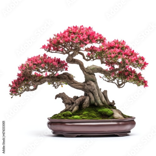 Bonsai tree on pot has slight red flowers, isolated white background