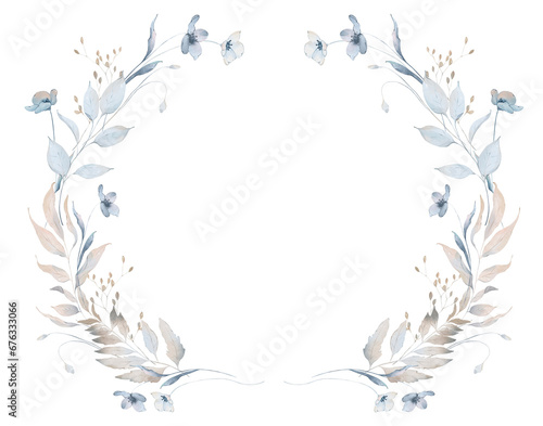 Watercolor winter floral frame with frozen flowers and plants