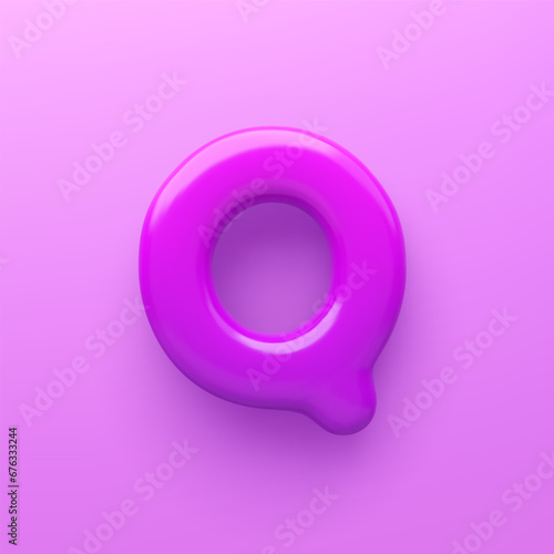 3D Purple letter Q with a glossy surface on a purple background .
