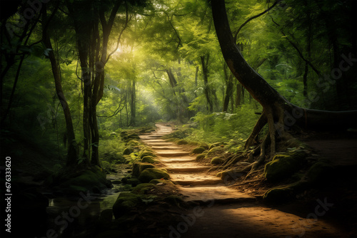 Forest landscape with trail path outdoors - AI generated Image