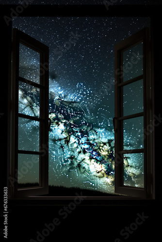 Window with milky way galaxy view generative AI
