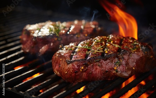 Steak grilled on the grill over an open flame.