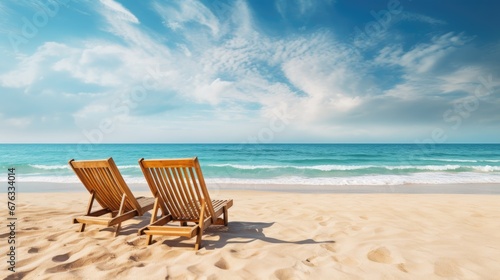Wooden sun loungers on the sand of a deserted beach facing the sea on a beautiful day