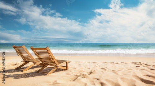 Wooden sun loungers on the sand of a deserted beach facing the sea on a beautiful day © Praphan