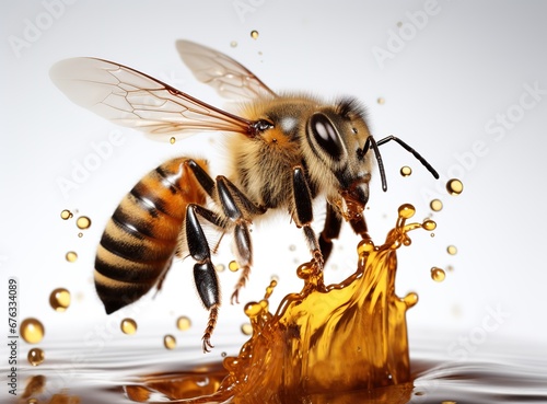 Bee in flight drinks nectar with its proboscis, splash of juice with yellow drops on a white background, close up of honeybee photo Generative AI