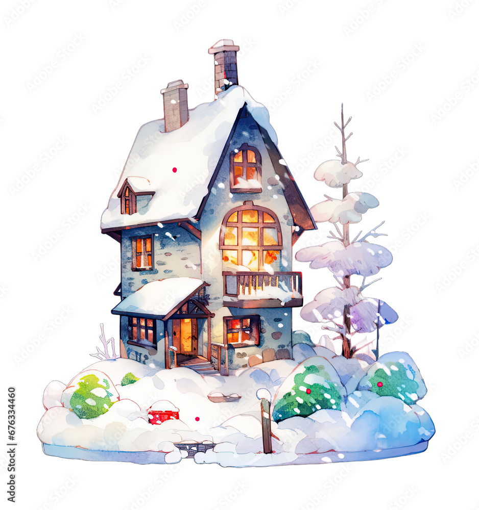 House with snow, 2D cartoon watercolor on a transparent background PNG V1