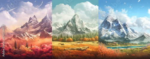 Four season moutains scenery, Abstract Forest and Mountains in winter, summer, spring, autumn.