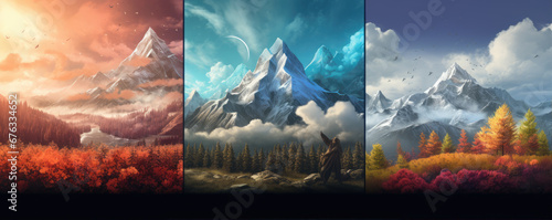 Four season moutains scenery, Abstract Forest and Mountains in winter, summer, spring, autumn. photo