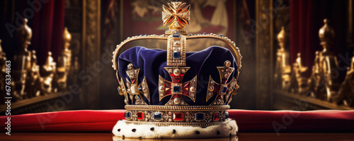 Royality kings crown in palace room background. photo