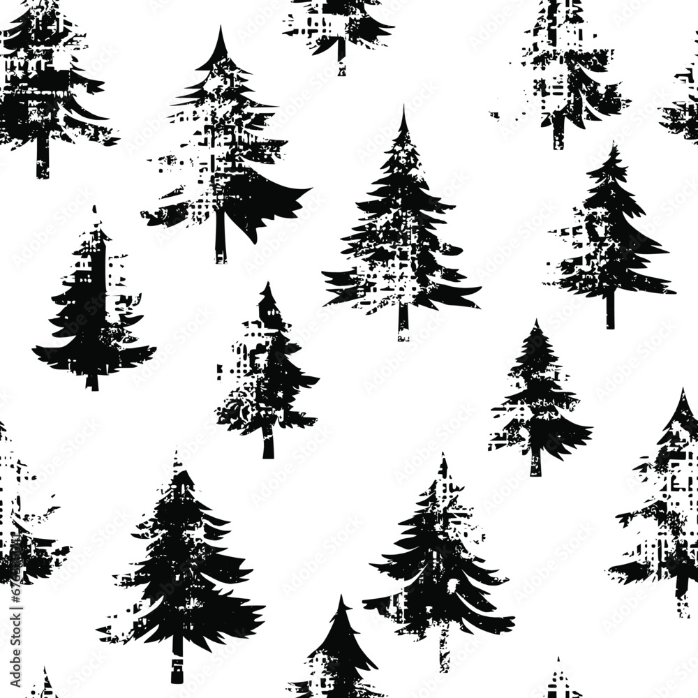 Grange winter background, seamless pattern, Christmas trees, vector design