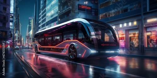 Futuristic Electric Bus Driving in Urban City Environment, Ultra High Definition Quality