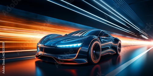 Futuristic Electric Car Driving on the Highway, UHD Image photo