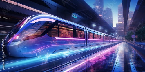 Futuristic Electric Subway Train Driving in the City, Ultra High Definition Imagery photo