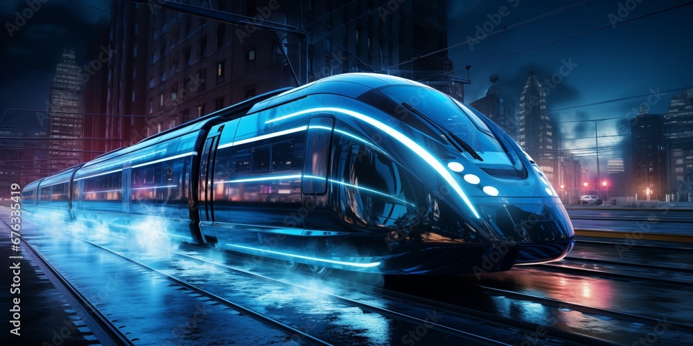 Futuristic Electric Train Transiting Towards a Bustling City in UHD Quality, Showcasing Modern Transport.