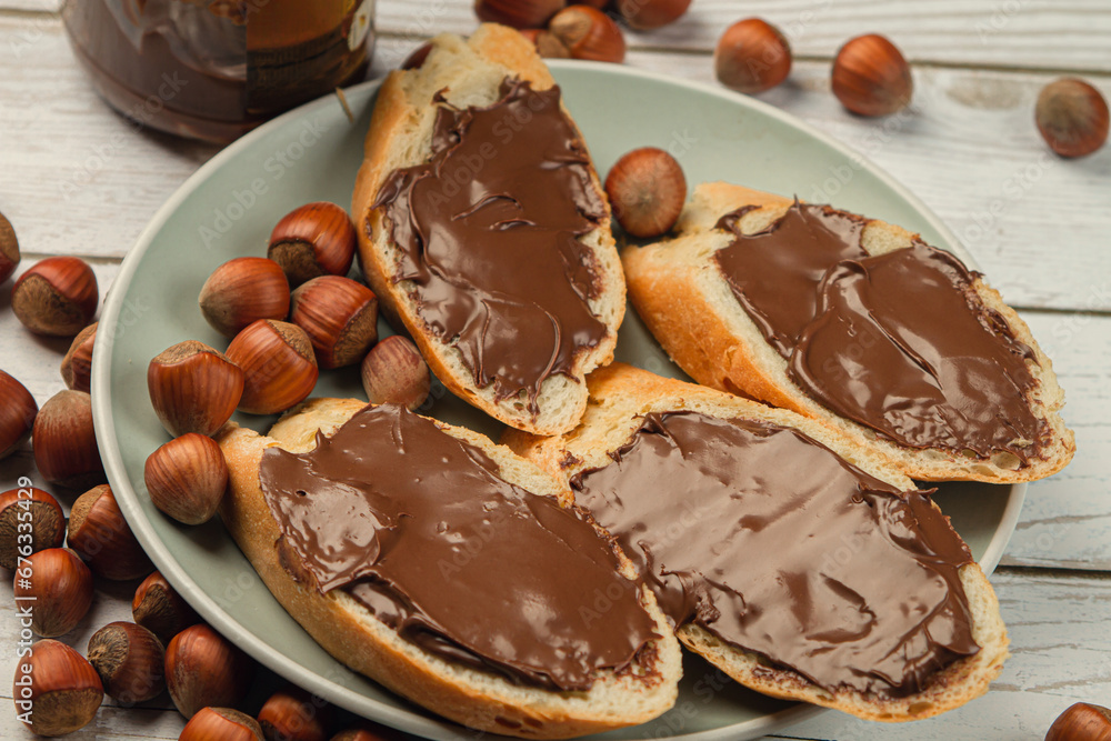 Fototapeta premium Sandwich with chocolate-nut butter. Nut butter with chocolate