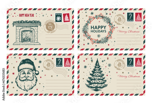 Christmas mail, postcard, hand drawn illustration.	
