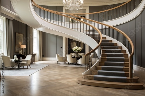 classic and timeless room with a sweeping curved staircase