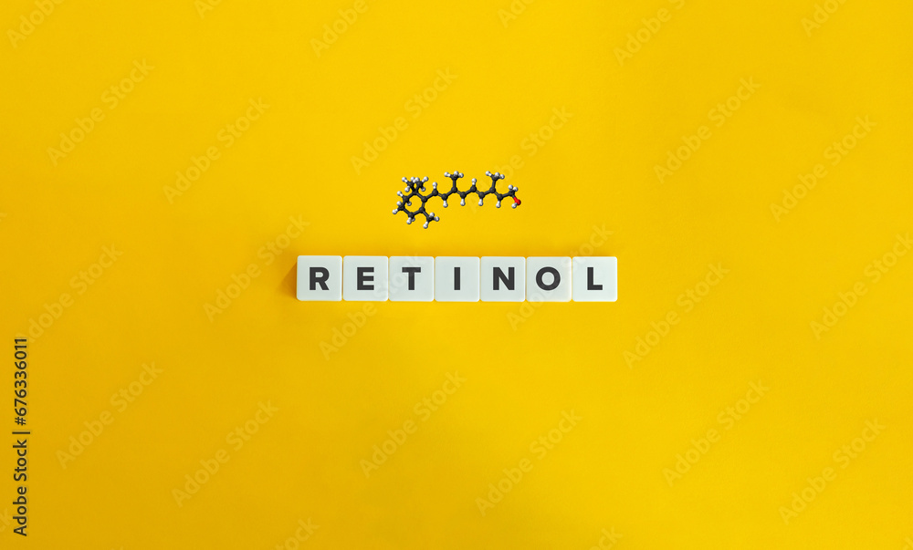 Retinol Word and Molecule, Ball and Stick Model. Dermatology, Skincare, Anti-age, Skin Lifting.  - obrazy, fototapety, plakaty 
